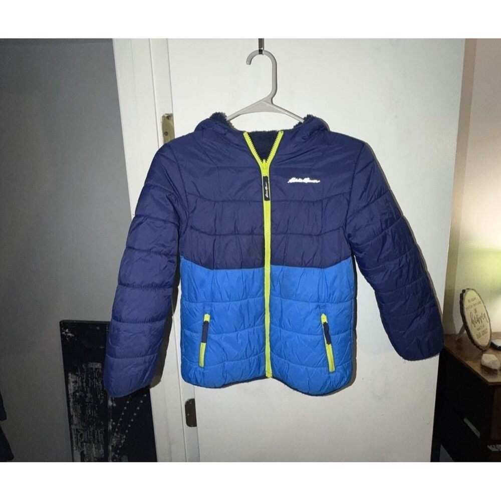 Eddie Bauer Kids Reversible Plush Hoodie Jacket Navy/Royal yellow Large 14/16